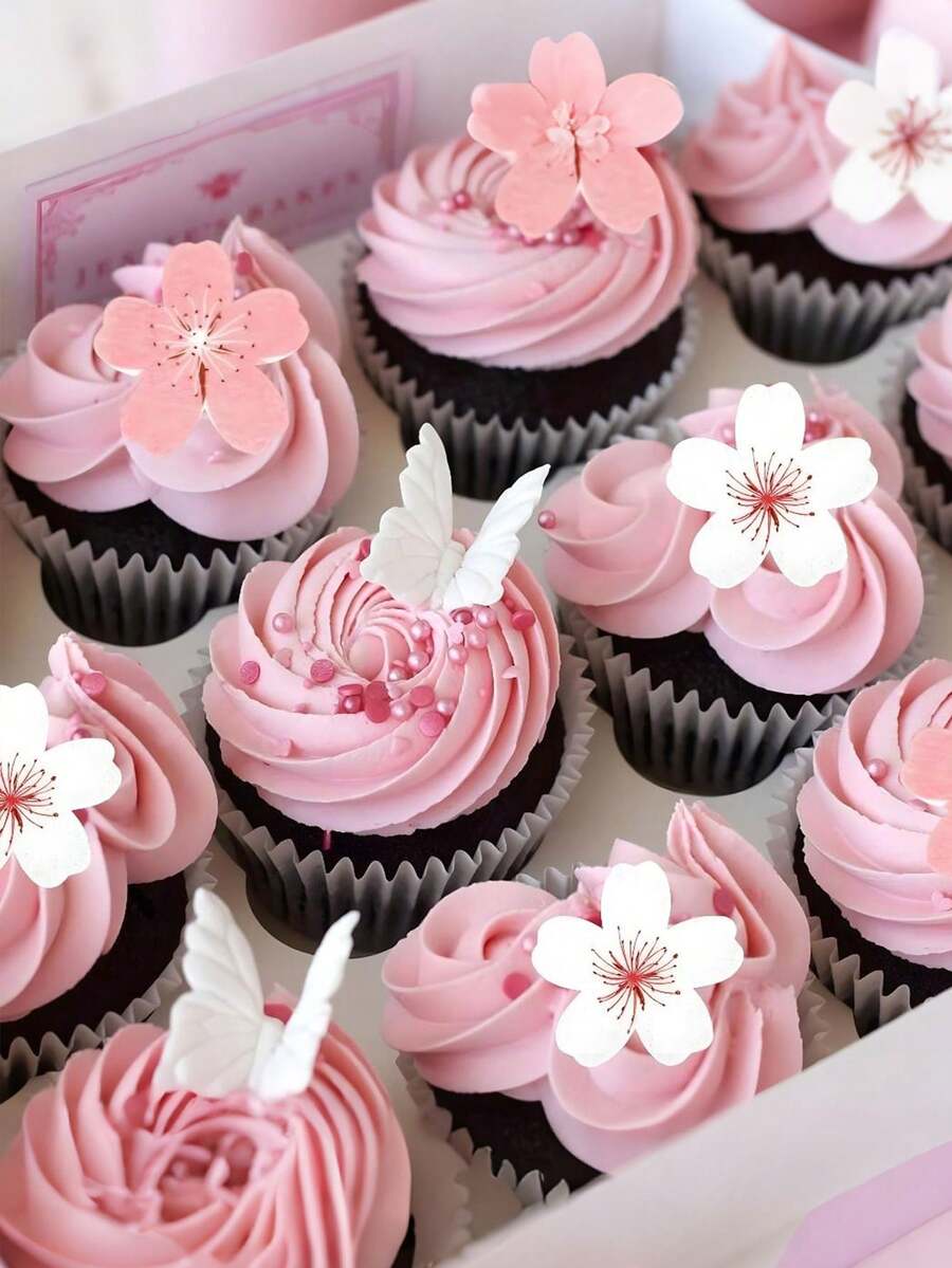 60pcs Sakura Cupcake Toppers, Wafer Paper Flower Cupcake Decorations, Suitable For Baby Shower, Wedding, Birthday Party Decor - Multicolor - View 1