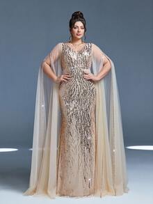 MgiacyV-Neck Mesh Off-Shoulder Double Layer Extra Long Sleeve Sequin Fitted Mermaid Maxi Dress