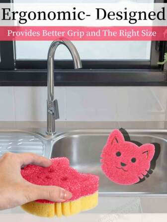 Kitten Multifunctional Cleaning Sponge, Cute Powerful Dishcloth For Household Cleaning, Dishwashing Sponge, High Quality Kitchen Bathroom Cleaning Sponge, Anti-Scratch Sponge Scrubber, Cleaning Supplies, Cleaning Tools, Double Sided Scrubber Sponge Multifunctional Cute Sensory Anti-Scratch Dishwashing Sponge For Cleaning Utensils Kitchen Bathroom