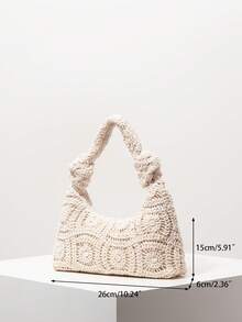 Floral Hollow Crochet Handmade Woven Handbag, Crochel Set, Bohemian Straw Beach Bag, Travel Essentials, Women Vacation Outfits (Pattern Random) , Bohemian Outfit For Women , Beach Bag , Summer - Apricot - View 7