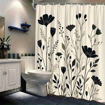 1pc Silhouette Floral Pattern Shower Curtain, With Black Floral And Leaf Silhouettes On A Light Beige Background, Featuring Organic And Smooth Lines And Shapes, A Simple And Elegant Plant Design For Bathroom Decoration. Polyester Home Bathtub Decoration Bathroom Accessories Back To School