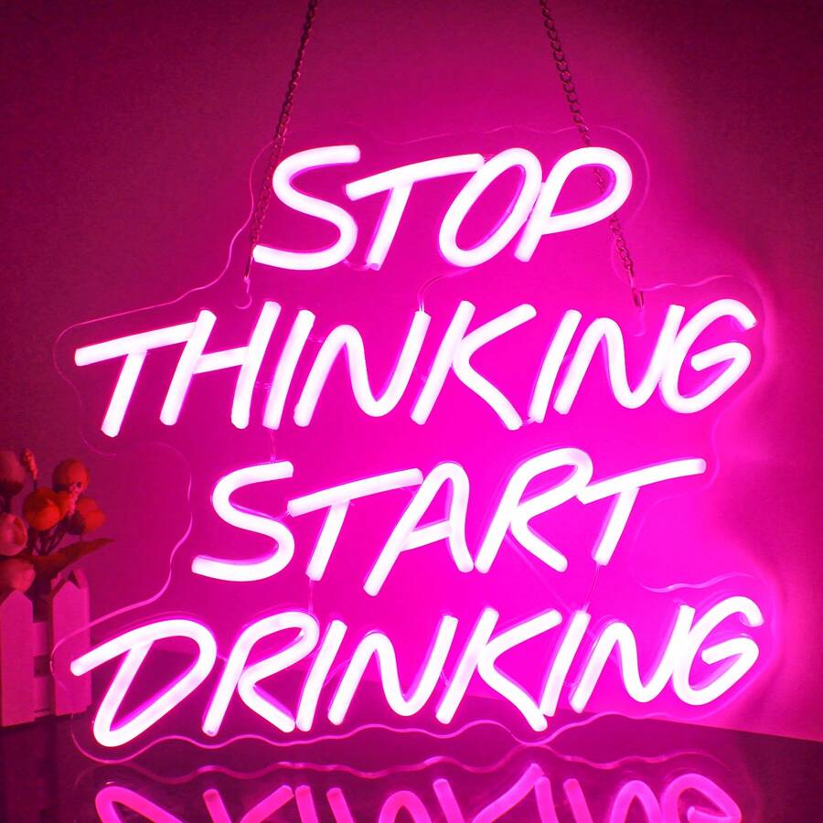 1pcs Stop Thinking Start Drinking Neon Sign Pink LED Wall Decor Dimmable USB Powered For Bedroom Man Cave Bar Pub Living Room Party Wall Art Decor Gifts - 粉色 - 查看 1