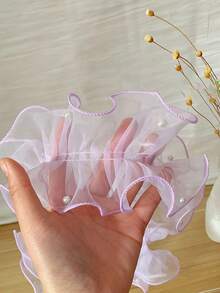 1 Roll/1M 12cm Dense Ruched Beaded Tulle Lace Ribbon, Floral Art Decoration Packaging Satin Ribbon, Shiny Pearl Scalloped Mesh Tape - Purple - View 2