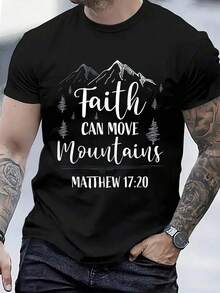 100% Cotton Casual Tshirt Short Sleeve T-Shirt Mens Fashion Tee Tops Faith Can Move Mountains Shirt Christain T-Shirt - 黑色 - 查看 1