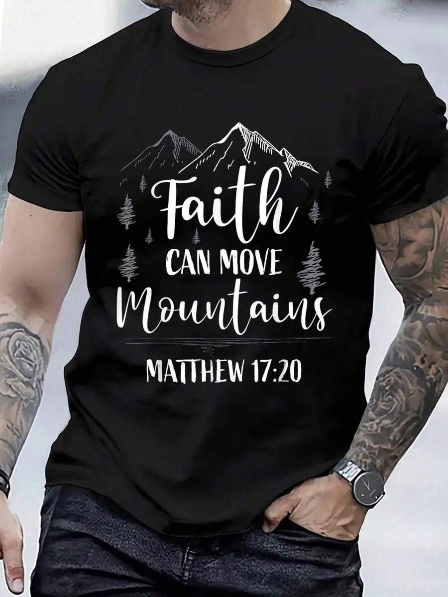 100% Cotton Casual Tshirt Short Sleeve T-Shirt Mens Fashion Tee Tops Faith Can Move Mountains Shirt Christain T-Shirt - 黑色 - 查看 1