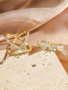 rakol 2pcs Minimalist Criss-Cross Cubic Zirconia Decor Ring Set For Women - Gold - View 3