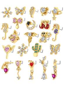 5/6/22pcs Copper Zirconia Butterfly, Heart Geometric L-Shaped Nose Stud & Earrings, Unisex Piercing Jewelry For Daily Wear - Multicolor - View 17
