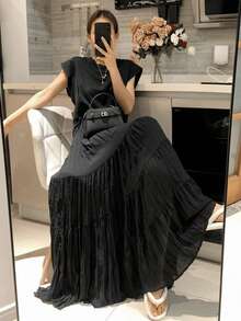 Saia Feminina Elegante Linha A Casual Solta na Moda - Preto - Visão 3