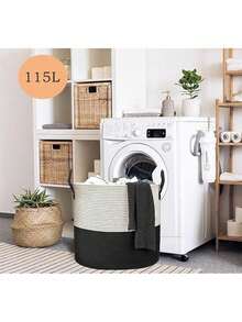115L Extra Large Blanket Basket With Lid,Blanket Storage For Living Room,Large Woven Storage Basket,Laundry Basket Rope Basket Round,Wicker Basket With Lid,Black 21" X 21" X 18" - Black - View 5