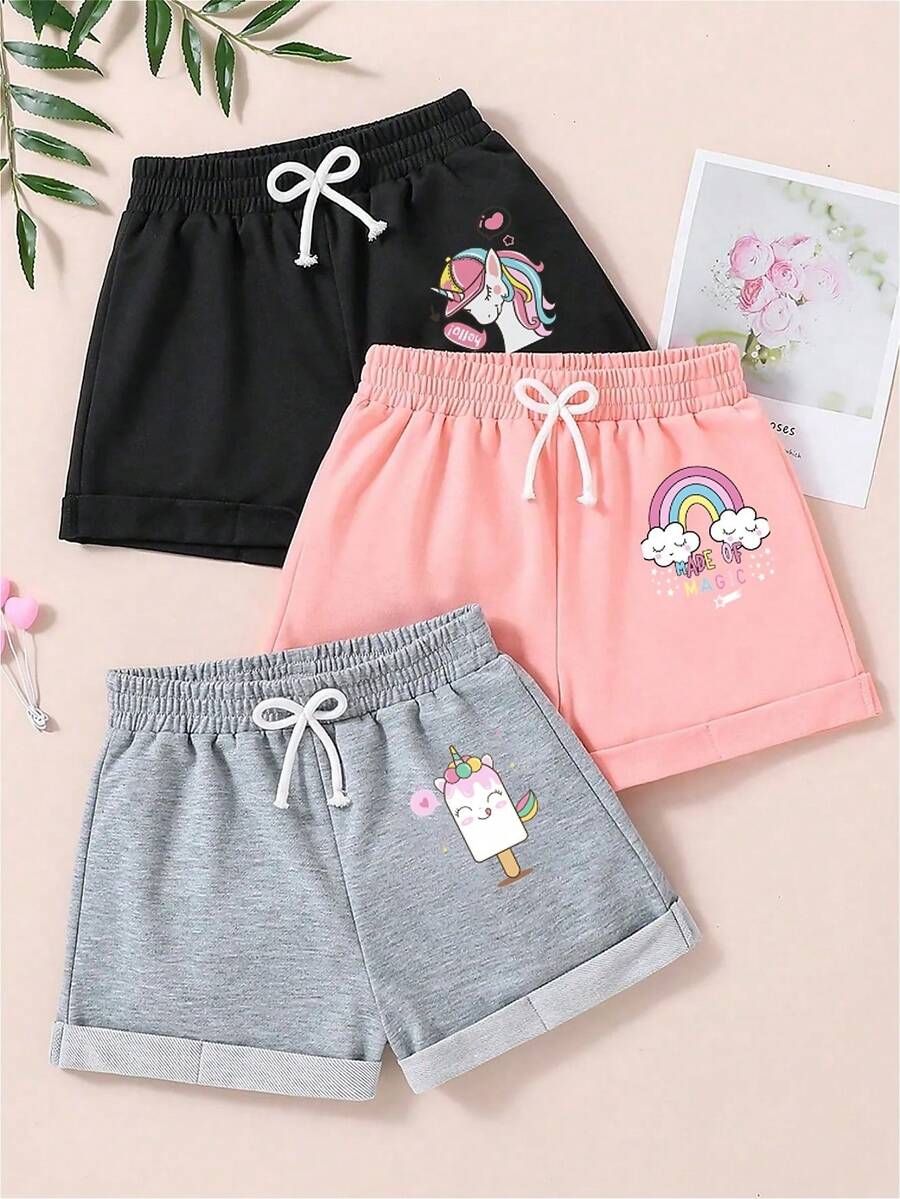 3pcs/Pack Young Girl Cartoon Pattern Printed Shorts - Multicolor - View 1