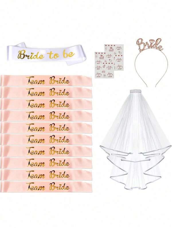 15 piezas Accesorios de despedida de soltera (1 Faja de la novia a ser + 10 Fajas + 2 Tatuajes de novia + 1 Velo de fiesta de gallinas + 1 Tiara de novia a ser) Accesorios de fiesta de gallinas