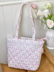 1 件大容量购物手提袋，带蕾丝装饰，可爱花朵和蝴蝶结图案单肩包，时尚绗缝设计手提包，轻便拉链手提包，女士旅行单肩包，带内袋，时尚双手柄钱包，适合购物、旅行、通勤、办公室、外出和学校，休闲购物袋，女童书包单肩包