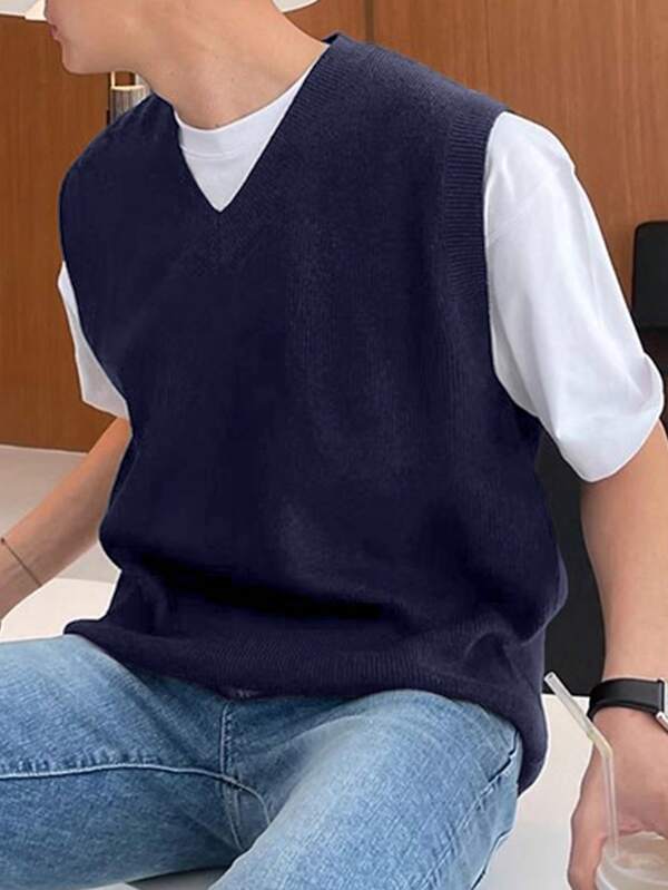 Men's Solid Color V-Neck Casual Knitted Sweater Vest, For Fall Winter