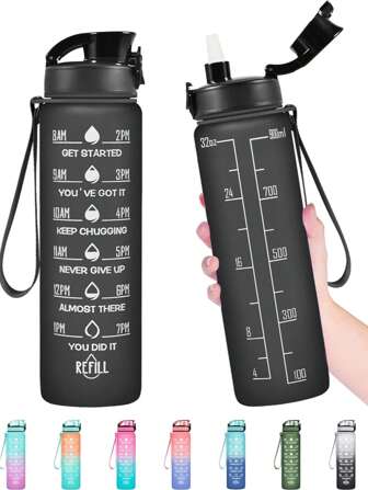 2pcs 1000ml Outdoor Sports Camping Hiking Water Bottles, Large Capacity Portable Cute Women Office Water Cups, Gradient Color Plastic Sports Water Bottles With Scale, Direct Drinking Cup, Applicable For Fitness Gym, Running, Climbing (Transparent Straw)