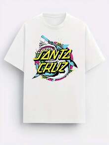 Camiseta para hombre con estampado de tiburón multicolor y la palabra "SANTA CRUZ" Estilo divertido y vibrante 220g algodón puro y denso - Blanco - Ver 4