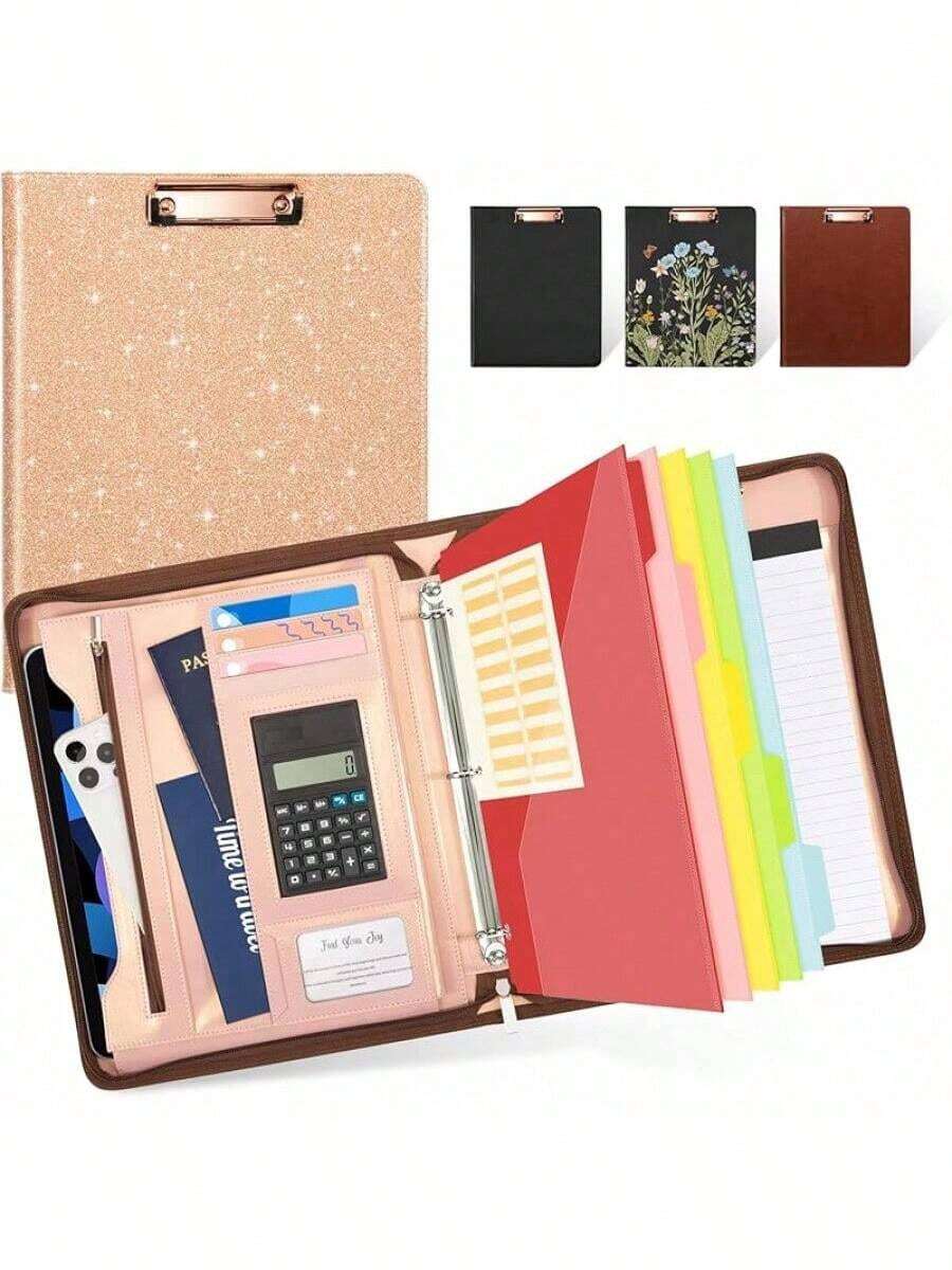 Clipboard With Storage, 3 Ring Binder With Zipper, Leather Padfolio Portfolio Folder, Calculator, 12.1" Tablet Sleeve, 5 Dividers With Pocket|Refillable Notepad, Card Slot (Black) - Black - View 1