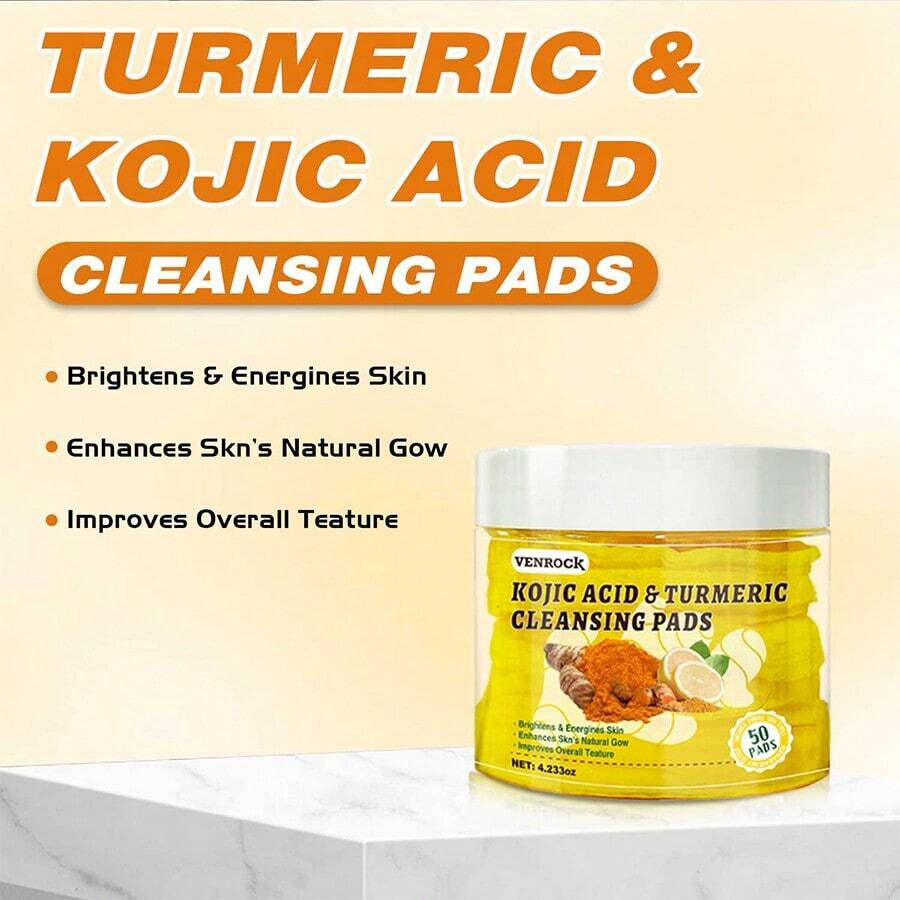 50pcs Gentle Cleansing Of Pores Turmeric & Kojic Acid Cleansing Pads Brighten Skin Tone, Balance Water And Oil Cleansing Pad Suitable For All Skin Types - Yellow - View 1