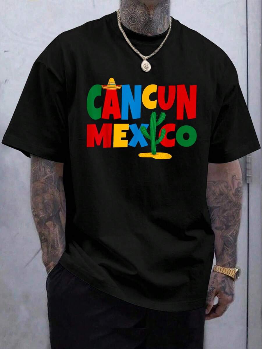 100% Cotton Mexico Envelope Birthday Cancun Trip T-Shirt - Black - View 1