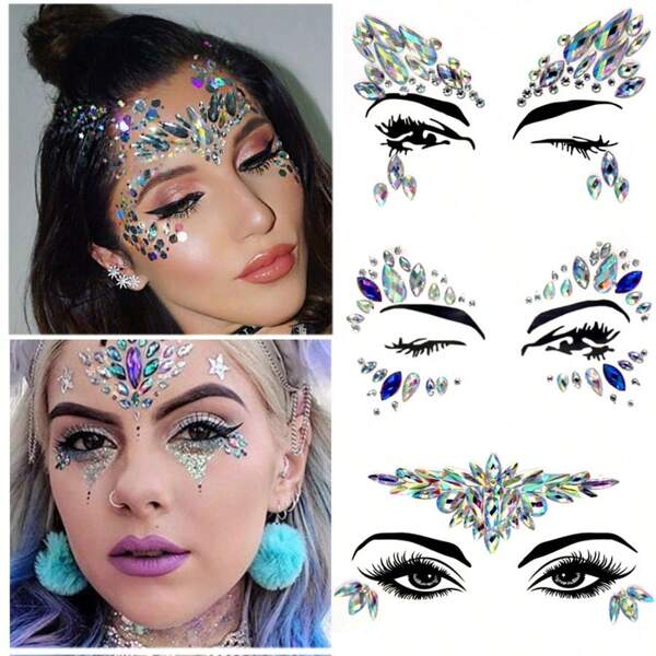 1 pieza Joya facial de estrás, tatuaje temporal adhesivo, adecuado para Halloween, festivales de música, fiestas de disfraces, festivales de EDM (maquillaje festivo)