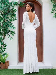 Vestido de Noiva Feminino de Gola Redonda, Mangas Longas, Mangas Trompete, Alças Largas Costas Abertas, Comprimento até o Chão, Vestido de Festa Elegante