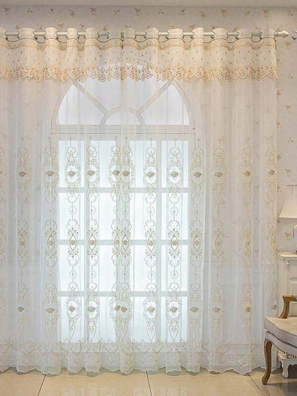 1pc Perforated High-End European Luxury Embroidered Sheer Curtain, Elegant, High-End, Suitable For Bedroom, Balcony, French Style Voile Curtain, Translucent