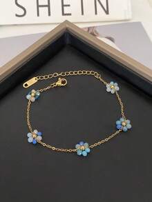 1pc Fashionable Delicate Twisted Faux Pearl Stainless Steel Bracelet With Pink Crystal Flower Handmade O-Link Chain Wristband, Suitable For Women, Spring/Summer/Autumn