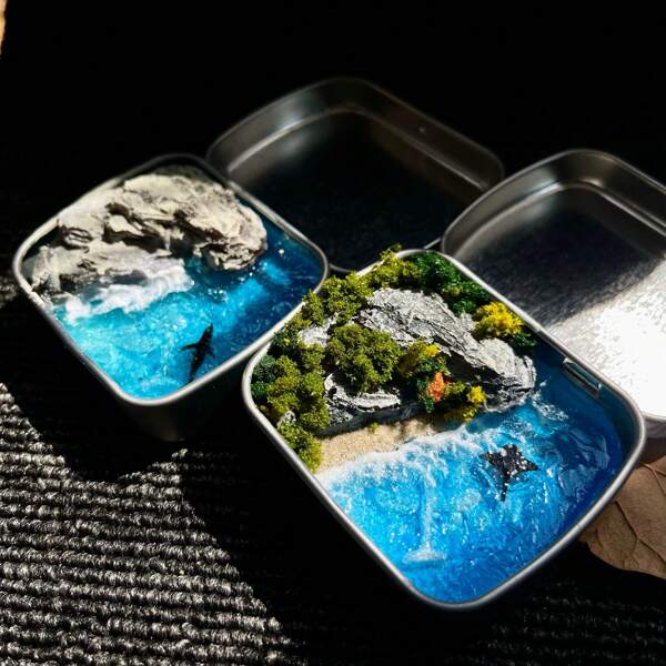 1PC Handmade Shallow Bay Miniature Landscape Model Tin Box Figure Souvenir Ornament Creative Gifts