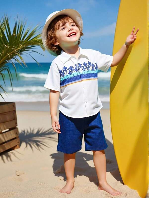 2pcs Boys Summer Outfit Set 2025 - Coconut Print Shirt & Elastic Waist Shorts, Toddler Beach Clothes (Age 4-5,5-6,6-7Y)