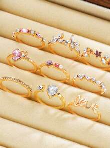 Conjunto de 9 peças (não ajustável) com anéis glamorosos de borboleta, flor, folha e strass para mulheres, perfeito para encontros, férias em resorts, festas de gala e uso diário