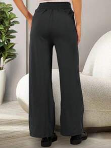 Simple Casual Drawstring Pocket Trousers Daily Winter Pants - 黑色 - 查看 2