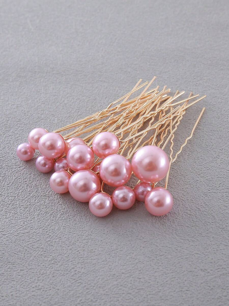18 件，U 型新款新娘发夹，仿珍珠粉色不对称新娘发夹，波西米亚风格，适合婚礼、摄影、日常使用、派对、伴娘新娘婚礼发饰粉色头饰。