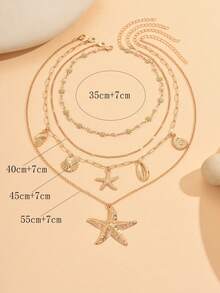 4件套夏季波西米亚风雏菊手工链条合金海星贝壳吊坠，女士多层项链，适合日常穿搭和海滩度假拍照。链长可定制