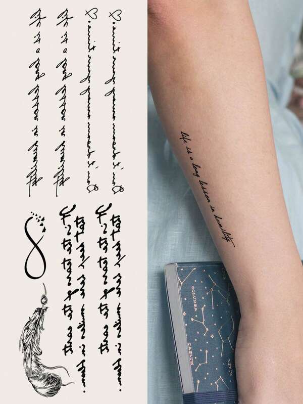 2pcs Black Minimal English Text Feather Pattern Temporary Tattoos, Unisex Costume Decoration For Daily Wear, Party, Holidays, Body Decor For Fingers, Wrist, Ear, Shoulder, Neck, Collarbone