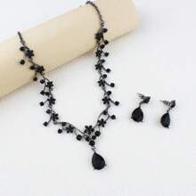 3pcs/Set Black Crystal Jewelry Set For Women, Floral Pendant Necklace + Earrings, Accessories For Party Formal Dresses, Wedding Gift Gold-Plated Jewelry Set