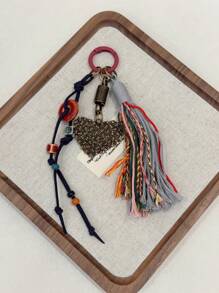 HXXOOS 1 Peça Pingente de Bolsa Estilo Boho com Borlas Coloridas para Mulheres, Pingente Retrô em Forma de Coração com Contas, Acessório DIY para Bolsas, Mochilas e Decoração de Carro de Crochê