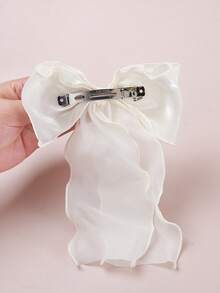 1件优雅奶油色公主网纱大蝴蝶结荷叶边丝带弹簧夹发夹发饰，春季、蝴蝶结、可爱、新年、优雅、冬季女装、发饰、发饰、头饰、女士发饰