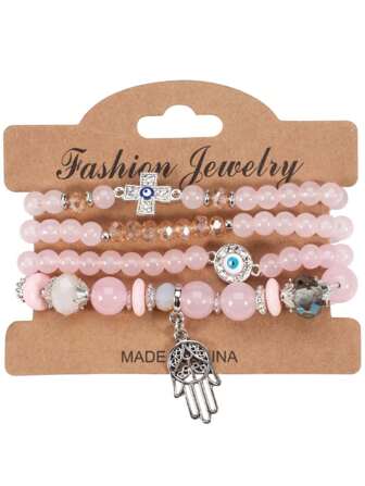 4pcs/Set Bohemian Style Glass Palm & Eye Beaded Layered Bracelet Set For Women