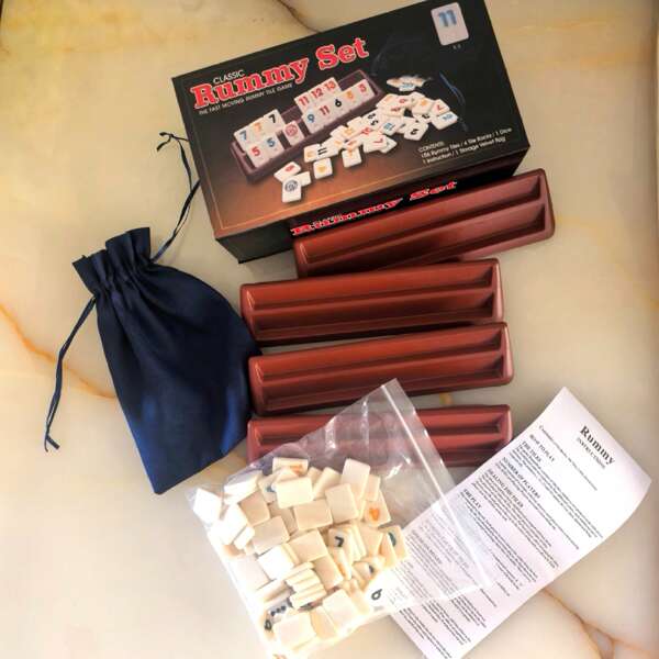 1 Set Rummy Game With 4 Plastic Racks/Trays, 106 Colored Numbers Rummy Tiles Set With Color Box, Rummy Travel Game Set With 4 Tiles Holders And Cloth Storage Bag - Classic Board Games For Family And Game For Adults