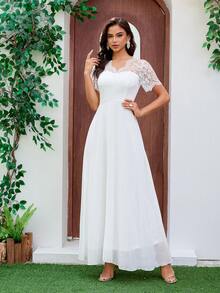 Elasola Women's Wedding Dress A-Line V-Neck Lace Chiffon Dress, Valentine's Day White Spring - White - View 3