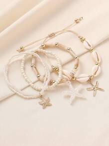 4pcs/Set Bohemian Style Starfish, Dolphin, Shell & Bead Decor Stacking Bracelets, Cute Ocean Themed Bracelet Set Suitable For Women, Beach, Casual, Holiday Wear