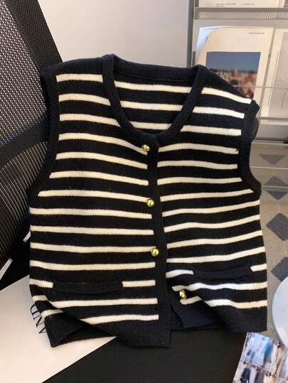 Women Spring/Summer New Sleeveless Striped Knit Tank Top, Versatile Layering Cardigan With Metal Buttons'