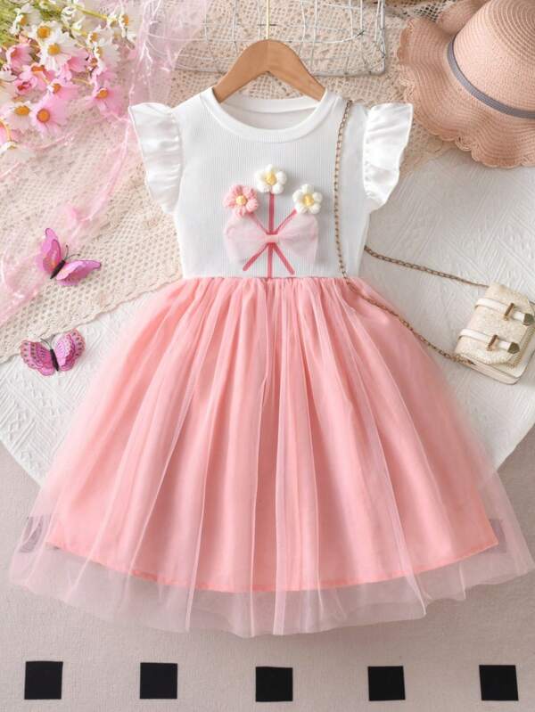 Vestido com Manga Curta, Trama de Malha e Apliques Florais 3D para Meninas no Verão