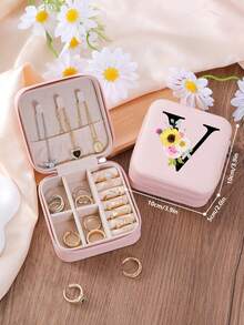 1 件花卉首字母首饰盒、A-Z 字母旅行首饰盒、伴娘、结婚礼物、字母戒指盒、女士礼品盒、PU 皮革首饰盒（用于戒指、吊坠、耳环、项链等） - 女孩和女士礼品盒。