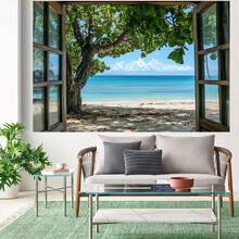 1 Stück Naturstrandomhang Fotohintergrund Tuch, Fensterbaum, grüne Blätter, Meersicht, Stranddekorationshintergrund, Fotorequisiten, Tapete, Landschaftsfotostudio Hintergrundvorhang, geeignet für Geburtstagsfeiern, Outdoor-Feiern, Urlaubsveranstaltungen, Partybanner, mit verschiedenen Größen zur Auswahl