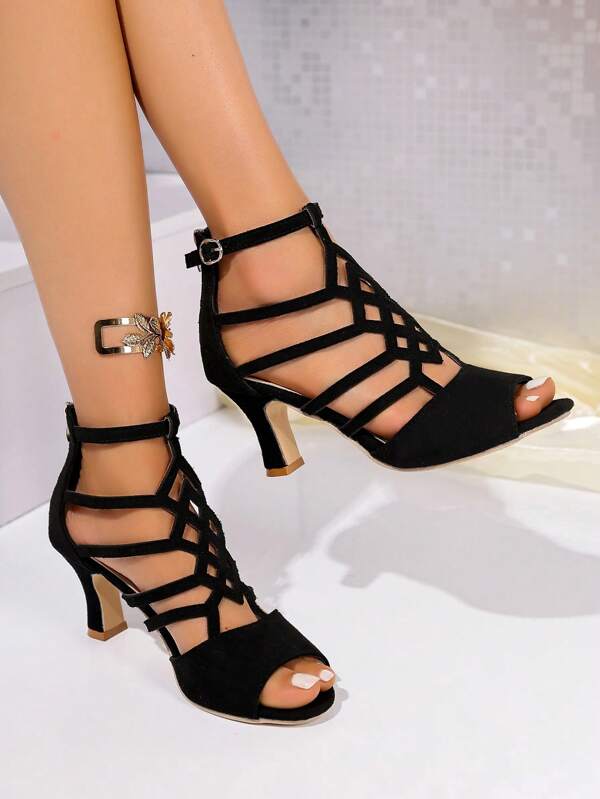 Talons hauts pour femmes, bout rond, design laser, motif losange, contre-talon, design à fermeture éclair, boucle, talon aiguille, convient pour les fêtes, les mariages, les campus, les navettes de bureau, les tenues d'été, couleur noire
