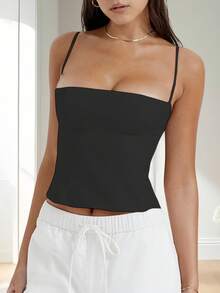 Women's Summer Fitted Cami Tops Y2K Solid Color Sleeveless Backless Vest Cropped Slim Tops Tank Tops Going Out Tops - Black - View 2