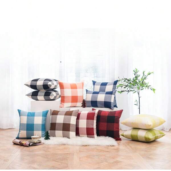 2pcs Modern Polyester Large Plaid Throw Pillow Covers, 6 Color Woven Fabric Options, Suitable For Living Room Sofa Bedroom Cushion Decor, Home Decor, Holiday Decor, Party Decor, All Season