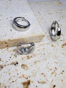 Set 3 Anting Oval Warna Perak, Anting Manset Telinga Halus dan Hipoalergenik untuk Wanita, Cocok untuk Berbagai Tindikan Telinga - 3 pcs untuk satu telinga - View 4