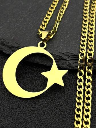 1pc Moon & Star Stainless Steel Necklace, Suitable For Men's Daily Wear