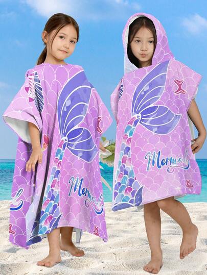 1 Pc Children's Hooded Poncho, Super Soft Microfiber, Cute Mermaid & Pearl Shell Cartoon Print, Absorbent & Warm, Suitable For Beach, Bathroom, Swimming, Surfing